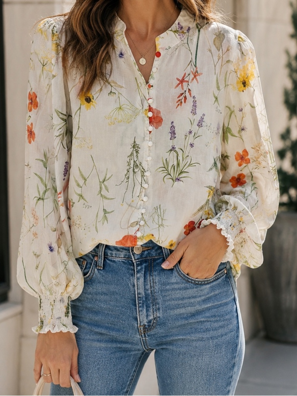 Lucky & Coco Floral Button Front Tencel Blouse Puff Sleeve Women’s Medium M